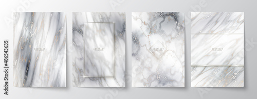 Luxury elegant backgrounds set. White and black marble texture with gold veins and frosted glass copy space with shiny borders. Modern premium templates for invitation, card or notebook cover