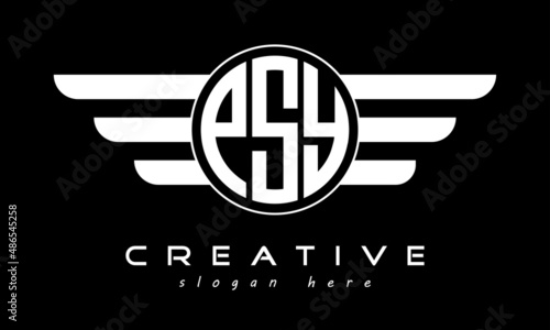 PSY three letter monogram type circle letter logo with wings vector template.
