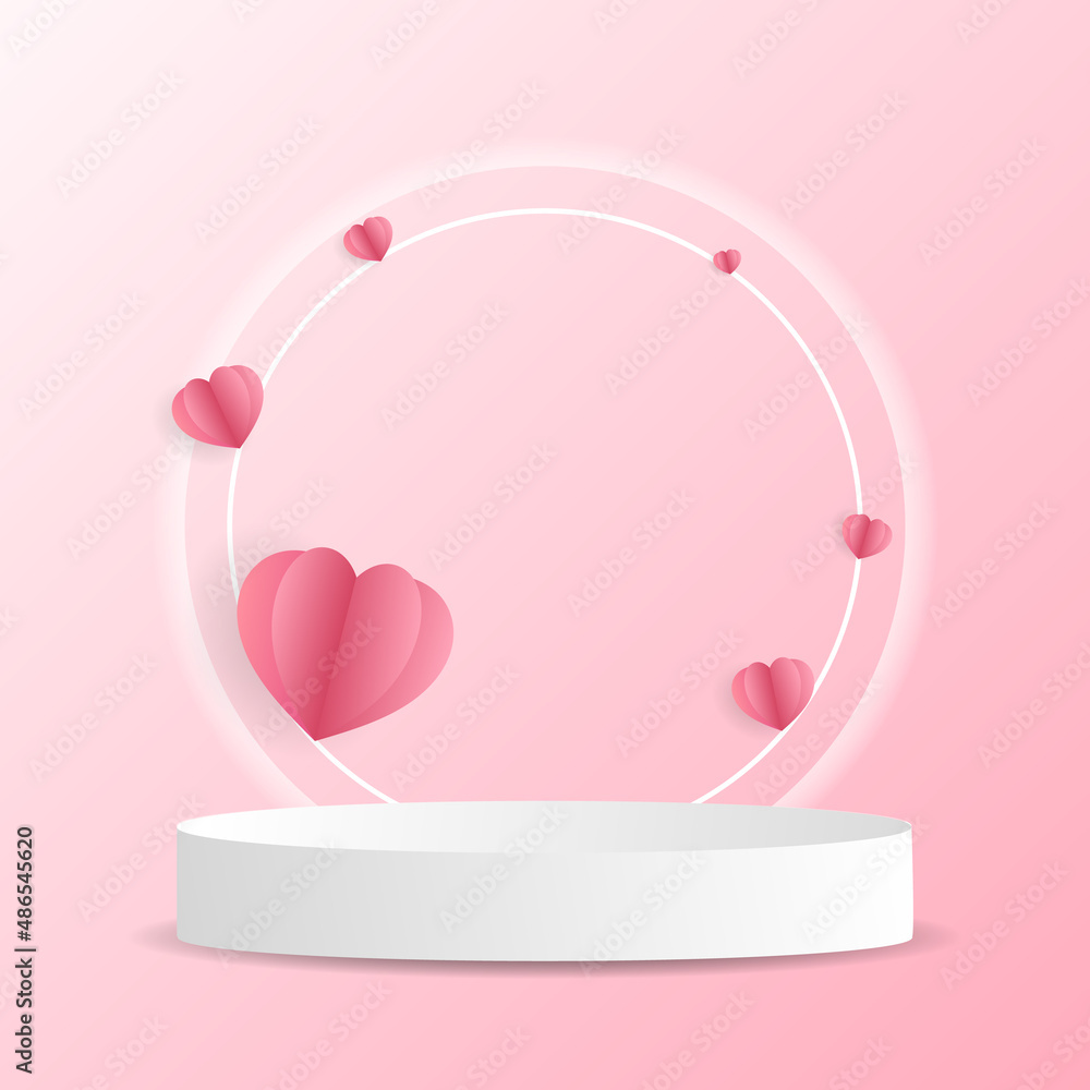White podium with heart in Valentine's Day on pink background , Flat Modern design , illustration Vector EPS 10