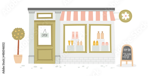 Vector illustration of cute shop with beauty products and cosmetics. Sale sign. Showcase with cream, essence, lotion, tonic. Nice city exterior with facade, tree, signboard, tablet. Beauty shopping