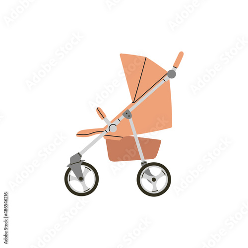 Stroller in with child can sit. Baby carriage, pram, buggy. For girls and boys. Hand drawn vector illustration. Childhood, transportation, walk with children, motherhood, baby store