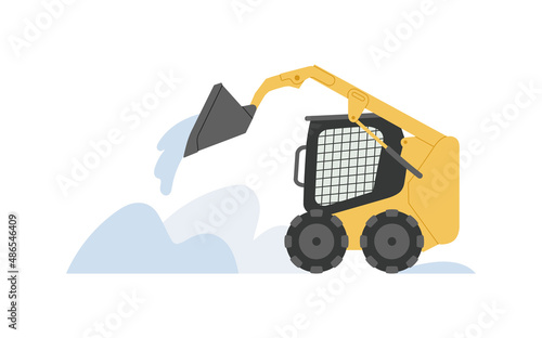 Snowblower. Excavator. Snow removal from the streets in winter. Specialized equipment. Cleaning and transportation, street cleaning. Vector illustration isolated on white background.