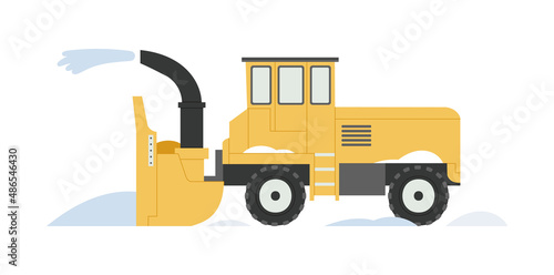 Snowblower. Snowplow. Snow removal from the streets in winter. Specialized equipment. Cleaning and transportation, street cleaning. Vector illustration isolated on white background.