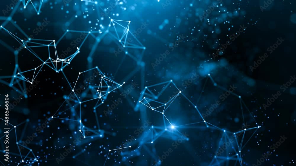 Blue abstract network and connections concept. Plexus connected lines, nodes, particles and flickering star lights evolving in a technology organic motion background. Depth of field settings