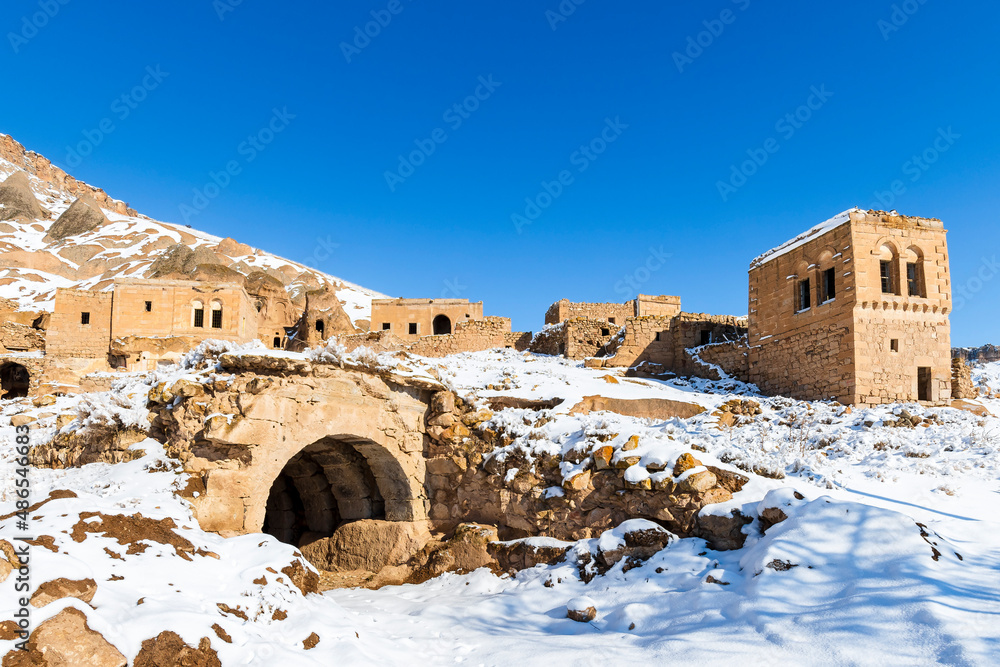Selime Cathedral and old Selime houses view in Aksaray Province of Turkey
