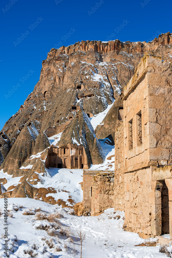Selime Cathedral and old Selime houses view in Aksaray Province of Turkey