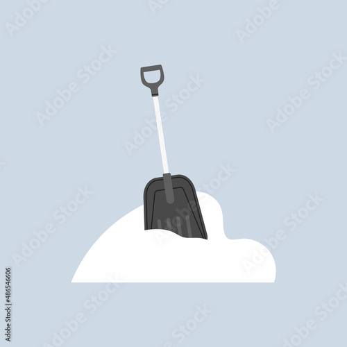 Vector illustration of a plastic shovel in a snowdrift, spade for snow. Winter snow removal and cleaning. Isolated hand drawn illustration on colorful background. Web, social media, banner design.