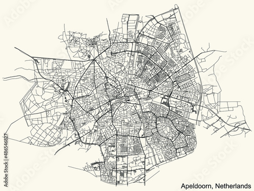 Detailed navigation black lines urban street roads map of the Dutch regional capital city of APELDOORN, NETHERLANDS on vintage beige background