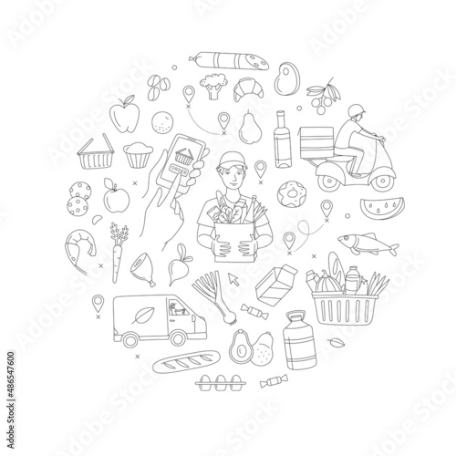 Mobile app courier delivering online grocery shop order seamless pattern.