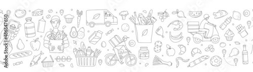 Mobile app courier delivering online grocery shop order seamless pattern.