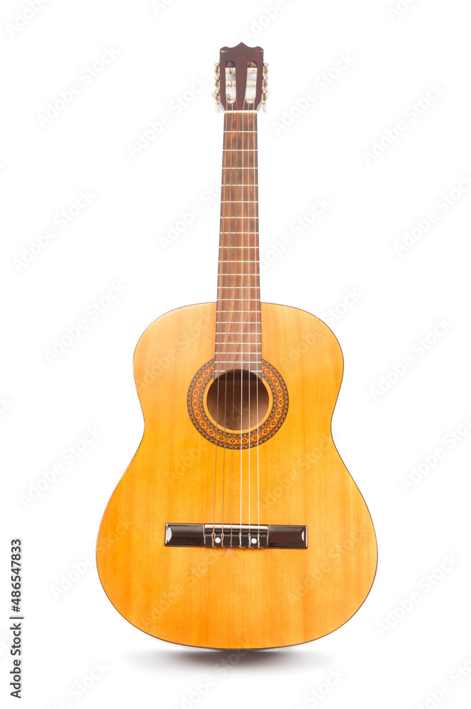 Acoustic guitar close up isolated on white background