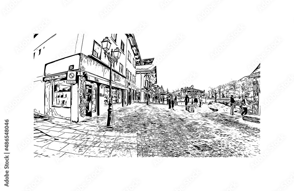 Building view with landmark of Megeve is the 
commune in France. Hand drawn sketch illustration in vector.