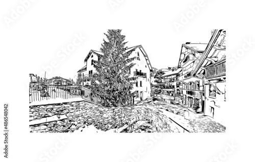 Building view with landmark of Megeve is the commune in France. Hand drawn sketch illustration in vector.