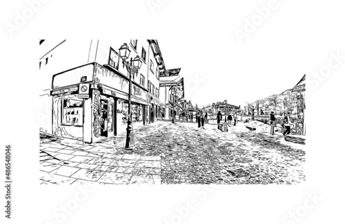 Building view with landmark of Megeve is the 
commune in France. Hand drawn sketch illustration in vector.