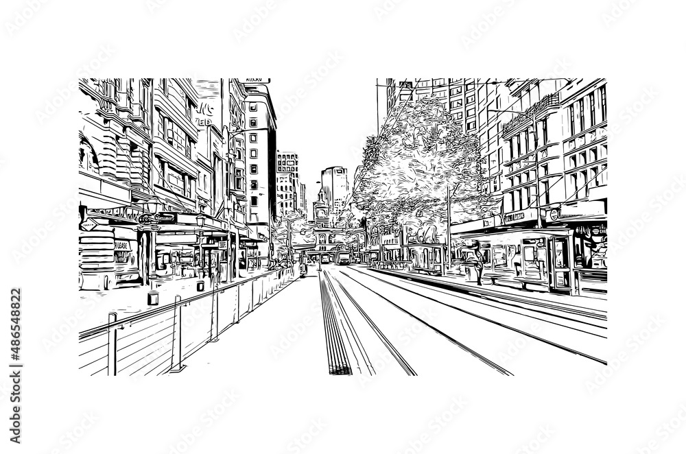 Building view with landmark of Melbourne is the 
city in Australia. Hand drawn sketch illustration in vector.