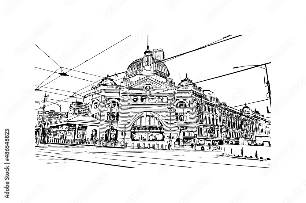 Fototapeta premium Building view with landmark of Melbourne is the city in Australia. Hand drawn sketch illustration in vector.