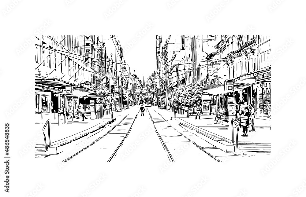 Building view with landmark of Melbourne is the 
city in Australia. Hand drawn sketch illustration in vector.