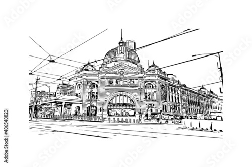 Building view with landmark of Melbourne is the 
city in Australia. Hand drawn sketch illustration in vector.