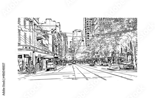 Building view with landmark of Melbourne is the city in Australia. Hand drawn sketch illustration in vector.