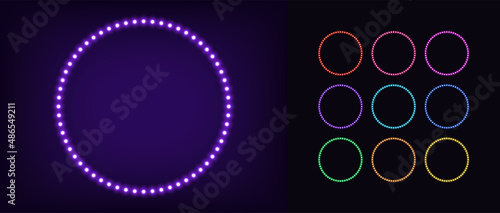 Neon circle frame with lamps. Glowing neon round border set with bulbs