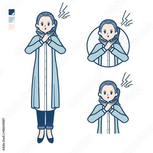 ロングシャツを着た女性が腕でばってんを作っているイラスト