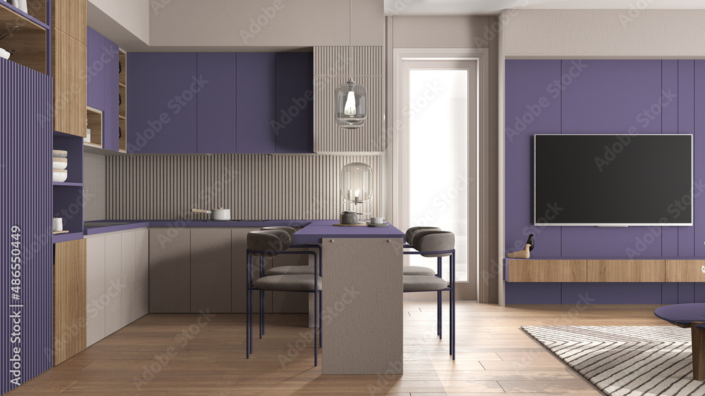 Fototapeta premium Cozy liiac and wooden kitchen in modern apartment, window, cabinets with pottery and pans, appliances, island and dining table with chairs. Carpet and parquet, interior design idea