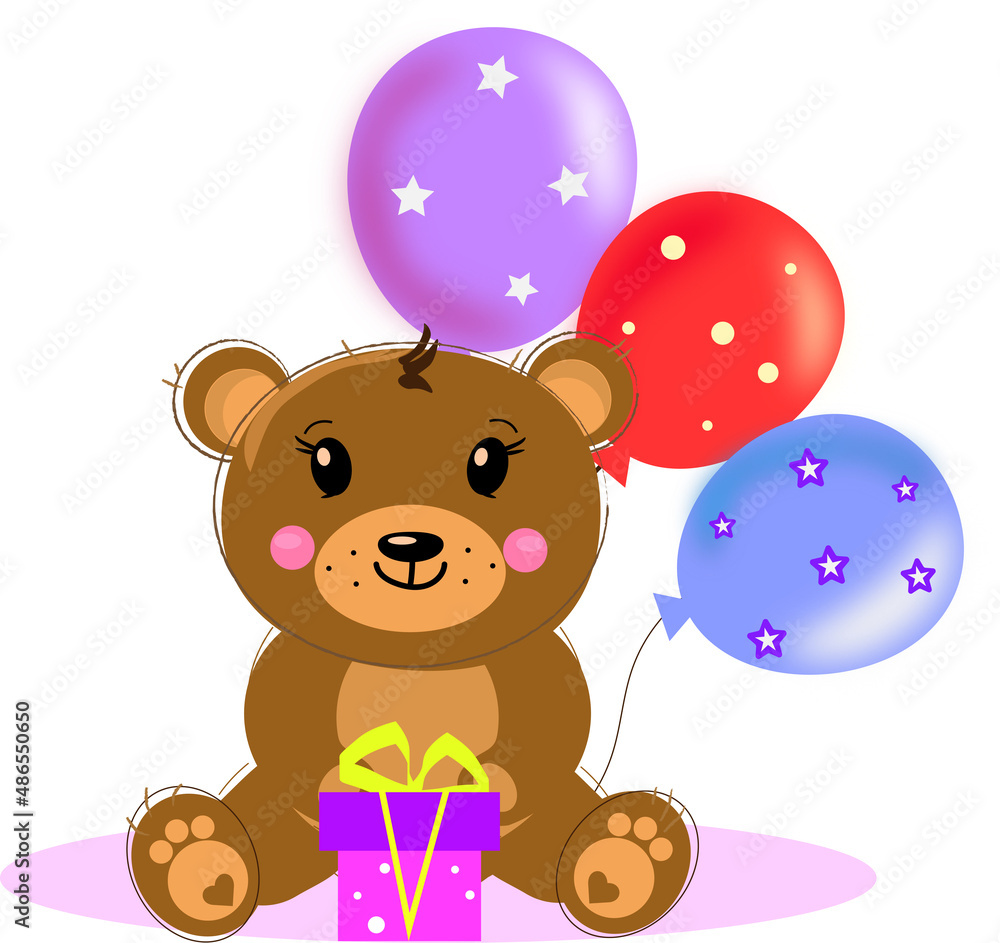 Fototapeta premium Teddy bear with baloons and gift