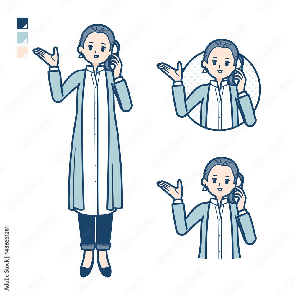 ロングシャツを着た女性がスマートフォンで通話しているイラスト