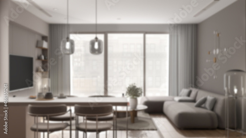 Blur background, living room with kitchen in modern apartment, sofa with table, kitchen with island and dining table, chairs. Big panoramic window, interior design idea © ArchiVIZ