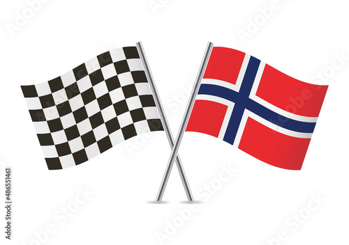 Checkered (racing) and Norway crossed flags, isolated on white background. Vector icon set. Vector illustration. © SLdesign