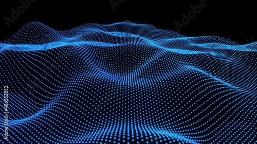 Blue wavy surface of scaling dots on a black background loop. 3d illustration © Roman's portfolio