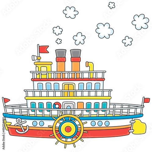 Funny retro paddle passenger steamboat with large wheels attached to its sides, vector cartoon illustration isolated on a white background
