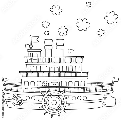 Funny retro paddle passenger steamboat with large wheels attached to its sides, vector cartoon illustration isolated on a white background