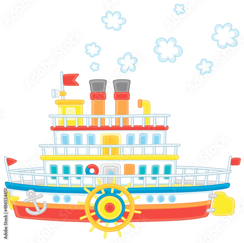 Funny retro paddle passenger steamboat with large wheels attached to its sides, vector cartoon illustration isolated on a white background
