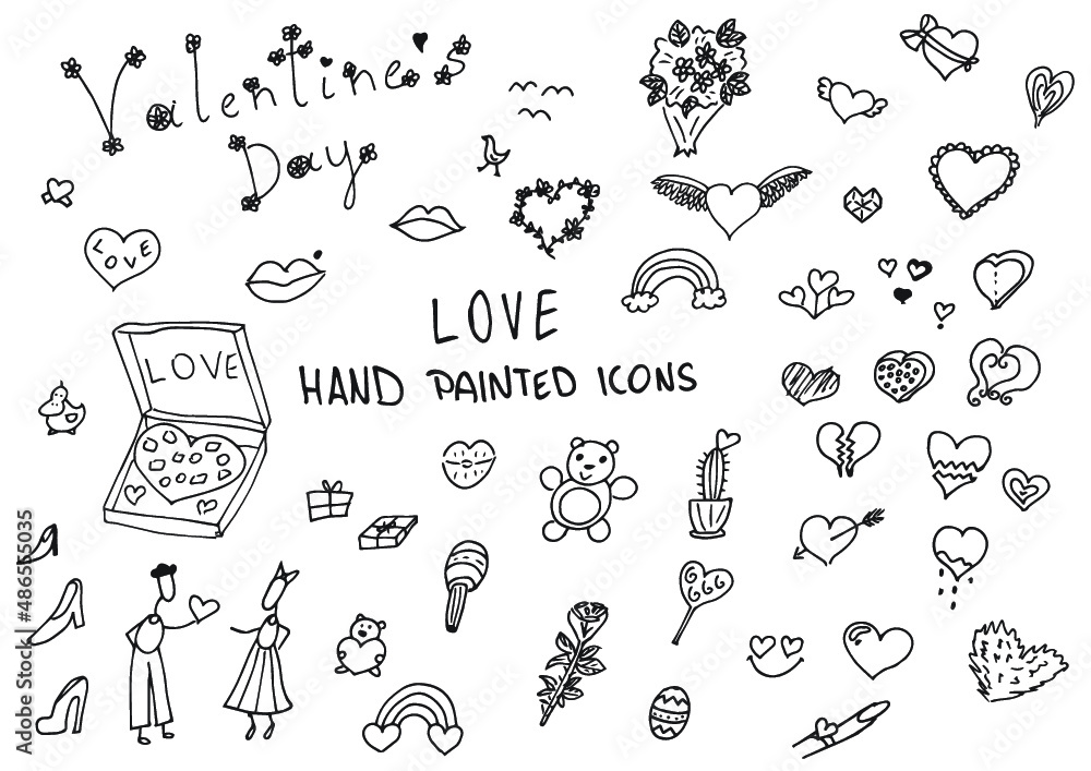 Love valentines hand painted doodles. Rainbow, lips, teddy bear, hear, pizza, lovers. - obrazy, fototapety, plakaty 