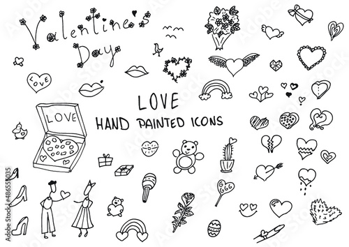 Love valentines hand painted doodles. Rainbow, lips, teddy bear, hear, pizza, lovers.