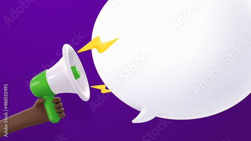 3d cartoon vector African hand holding megaphone digital marketing banner template. Promotion advertising 3d loudspeaker in african american arm and speech bubble.