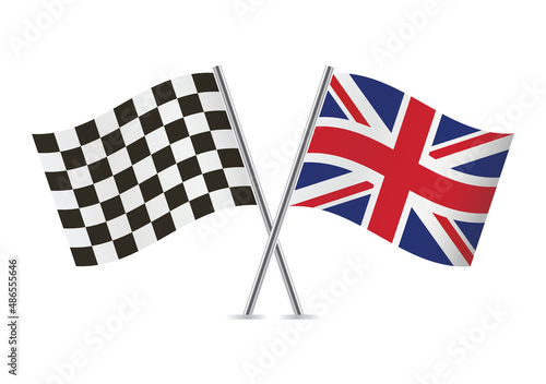 Checkered (racing) and Great Britain crossed flags, isolated on white background. Vector icon set. Vector illustration.
