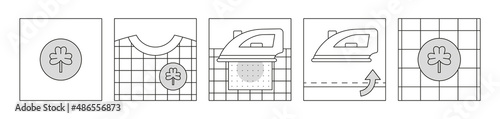 Iron on clothing patches. Instruction in pictures. How to attach patches with heat seal backing. Scheme can be used in package design. Heat, thermo or thermal patches for clothes. Vector illustration