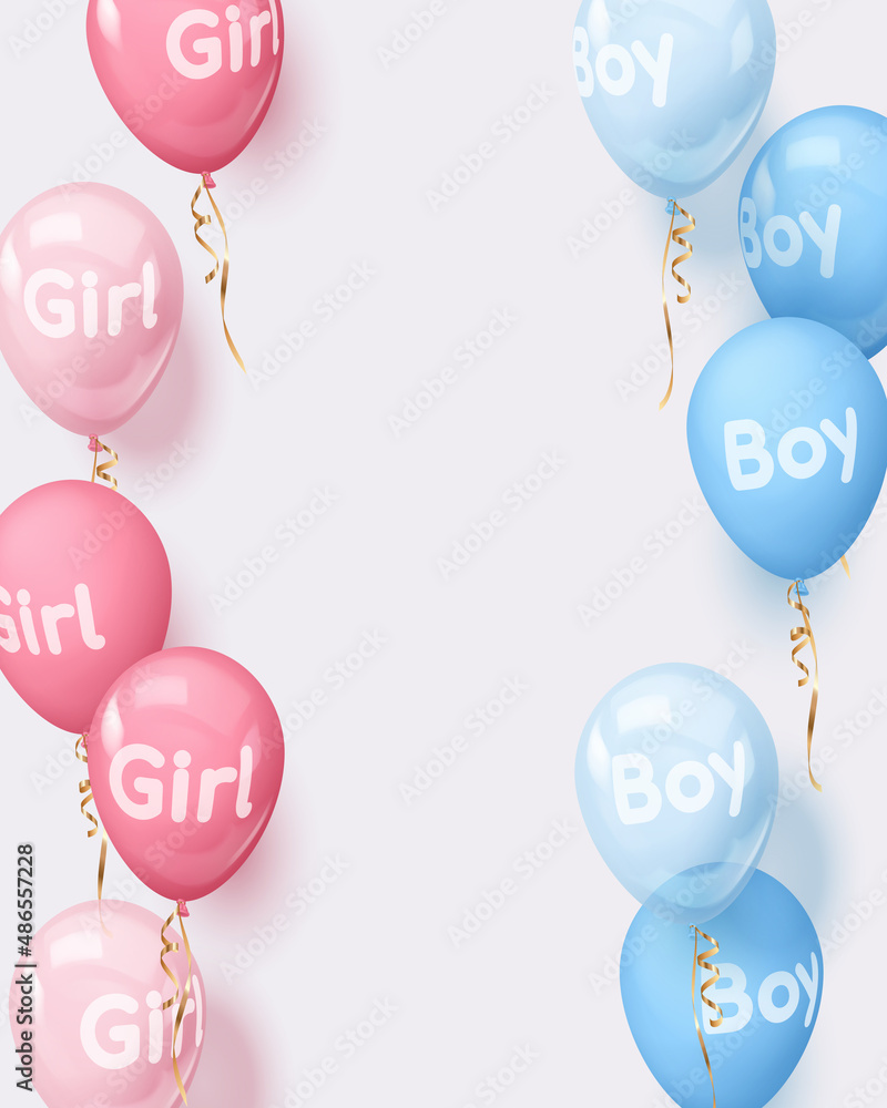 Concept for poster for gender reveal party with realistic pink and blue balloons with text boy, girl, gold ribbons. Vector illustration for card, , design, flyer, poster, banner, web, advertising. 