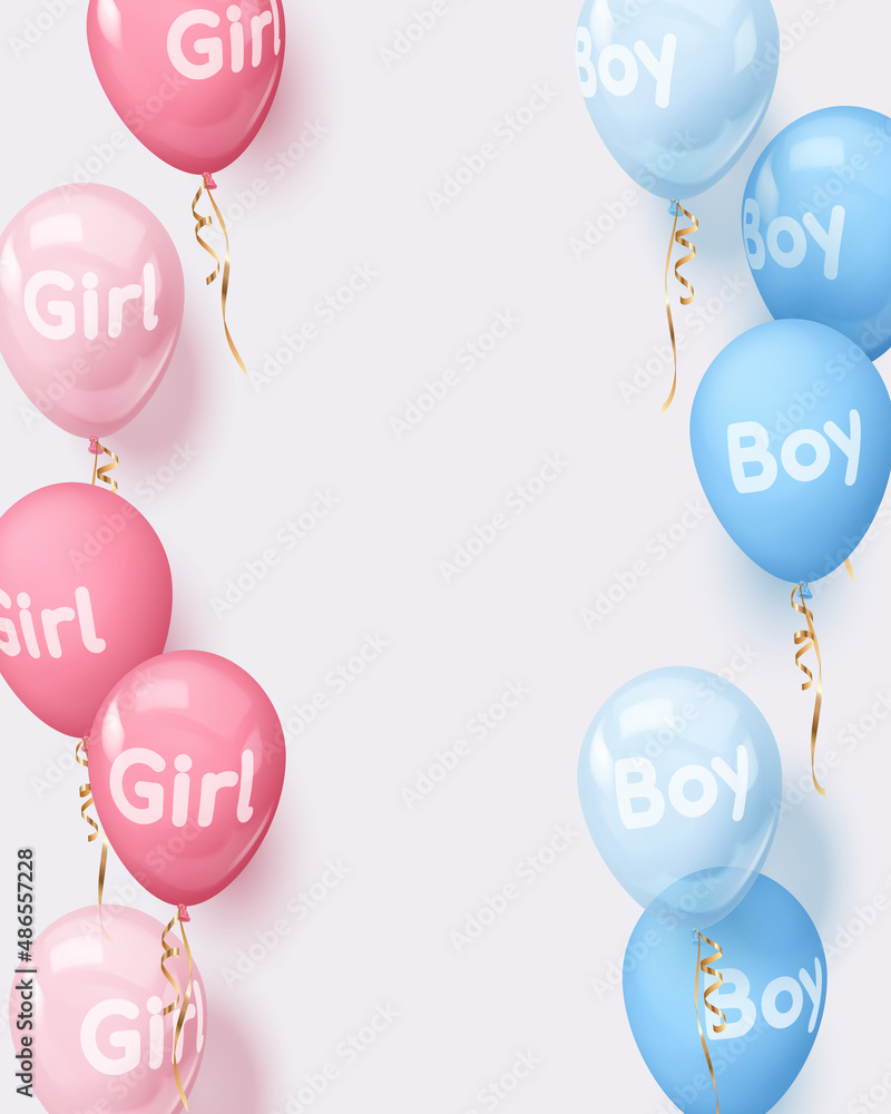 Concept for poster for gender reveal party with realistic pink and blue
