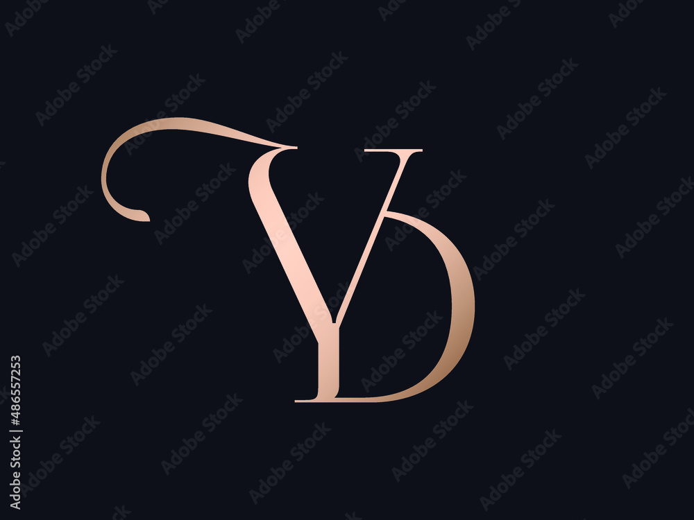 YD monogram logo.Typographic signature icon.Letter y and letter d.Lettering sign isolated on dark fund.Wedding, fashion, beauty alphabet initials.Elegant, luxury style.Rose gold color.	 - obrazy, fototapety, plakaty 