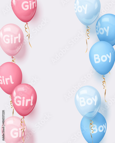 Concept for poster for gender reveal party with realistic pink and blue balloons with text boy, girl, gold ribbons. Vector illustration for card, , design, flyer, poster, banner, web, advertising. 