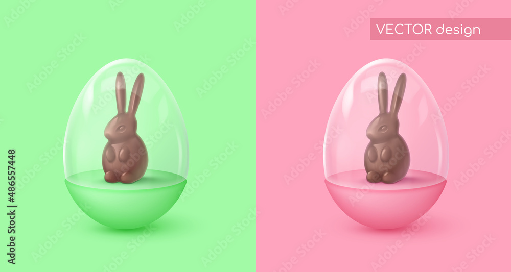 Realistic glossy green and pink egg with glass dome and chocolate rabbit, bunny, creative box, case. Happy Easter poster. Vector illustration for card, party, design, flyer, banner, web, advertising. Realistic glossy green and pink egg with glass dome and chocolate rabbit, bunny, creative box, case. Happy Easter poster. Vector illustration for card, party, design, flyer, banner, web, advertising.