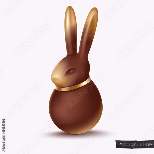Realistic chocolate bunny, rabbit with gold plating on the nose and ears, with a golden rim, collar. Symbol of 2023 year. Happy Easter poster. Vector illustration for party, banner, web, advertising.