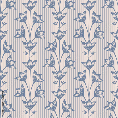 Abstract bluebell flower vector seamless pattern background. Stylized vintage Campanula flowers on vertical striped blue white backdrop.Formal trailing floral retro repeat.Hand darwn botanical design