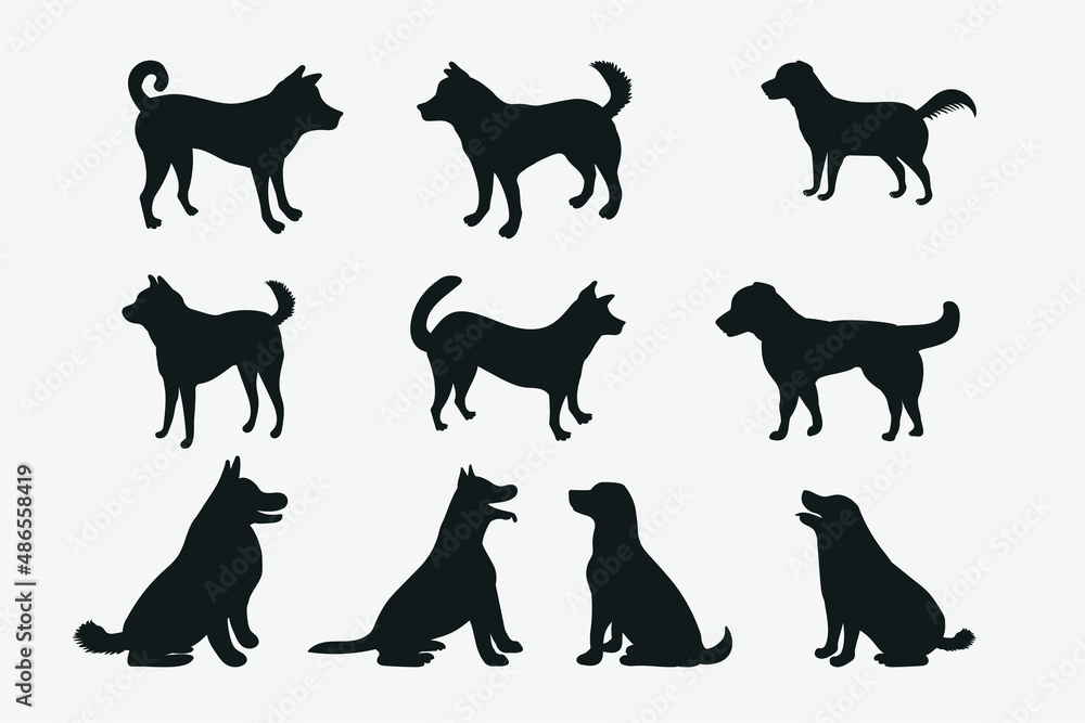 Dog silhouette collection on white background. Different kinds of dog breeds silhouette collection. Dog sitting and standing position silhouette vector set. Doggie silhouette vector bundle.