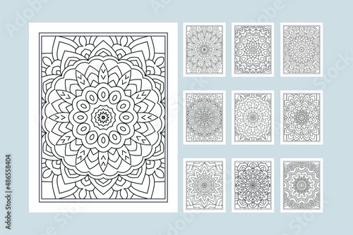 Flower mandala pattern bundle for coloring pages KDP interior. Traditional Indian style mandala ornament set. KDP interior coloring page for kids. Mandala decoration ornament bundle line art vector.