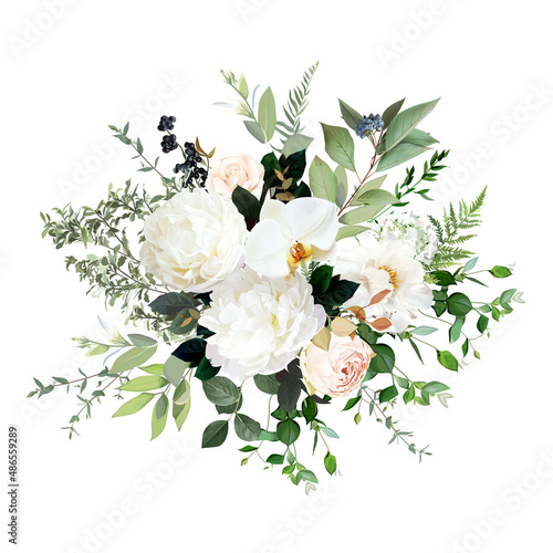 Blush pink roses, hydrangea, orchid, white peony flower vector design arrangement