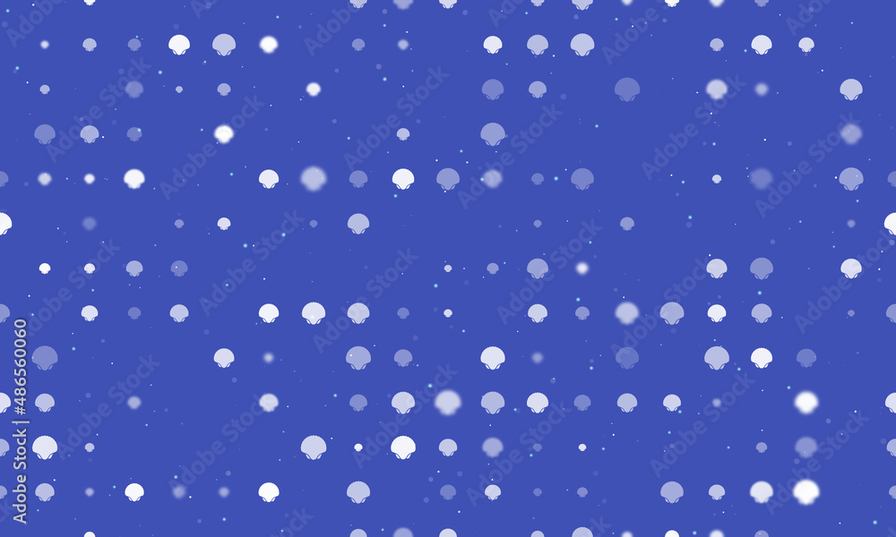 Seamless background pattern of evenly spaced white sea shell symbols of different sizes and opacity. Vector illustration on indigo background with stars Seamless background pattern of evenly spaced white sea shell symbols of different sizes and opacity. Vector illustration on indigo background with stars